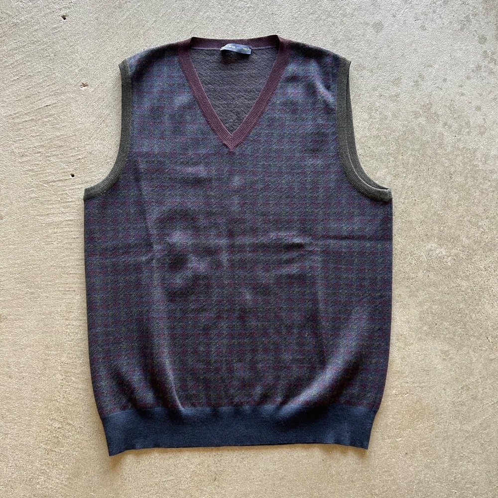 Etro Milano Sweater Vest Mens XL Navy Blue Checkered V Neck Pullover Lana Wool